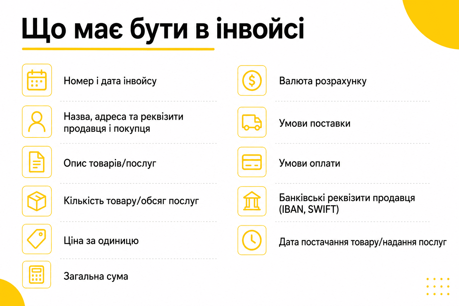 Які обов'язкові дані мають бути в інвойсі?